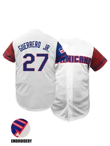 Men's Dominican Republic #27 Embroidered Baseball Jersey, Short Sleeve Button Down Mesh Shirt, Stitched Letters & Numbers, Athletic Activewear