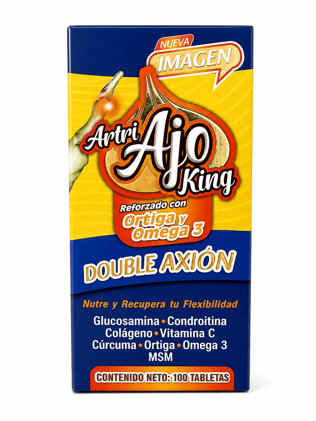 Ajo King - 100 Tabletas - Doble Accion - Suplemento Vitaminico - 100 Capsules Vitamin Supplement for Daily Support - Glucosamine, Collage, Vitamin C, Ortiga, Omega 3.