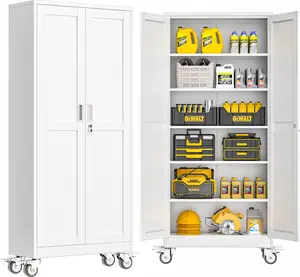 75"H Metal Garage Storage Cabinet, Rolling Tool Cabinet with 2 Doors and Wheels, Locker Steel Cabinet with 5 Adjustable Shelves, Organization Cabinet for Garage,Office,Home,Gym,School