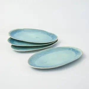 3-Piece Stoneware Serving Platter Set – Aqua Blue Reactive Glaze, Chip-Resistant, Dishwasher, Microwave & Oven Safe (14.5”)