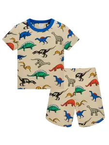 Boys' Jurassic Dinosaur Two-Piece Set, Short Sleeve Shorts, Milk Silk Fire-Retardant Fabric, Summer Breathable Comfort Home Wear