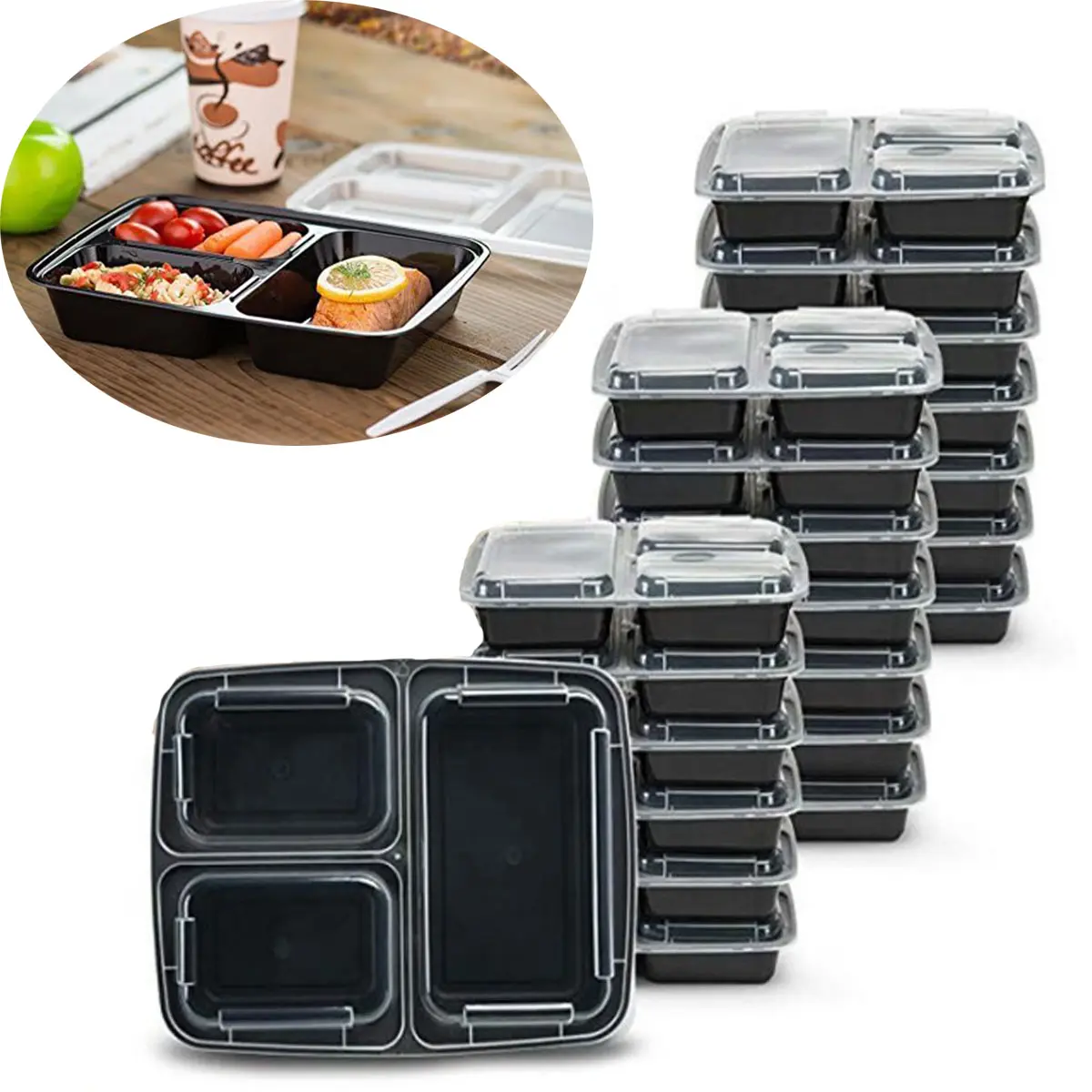 32 oz (approx. 947.2 g) 3 compartment meal prep container with lid, [pack of 8] Container with lid, plastic disposable food container, reusable food takeaway lunch box, microwave/freezer/dishwasher