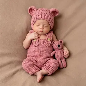 Newborn Photography Outfits for Boys Girls, 3PCS Hand Knitted Baby Bear Romper Set, Newborn Photo Props
