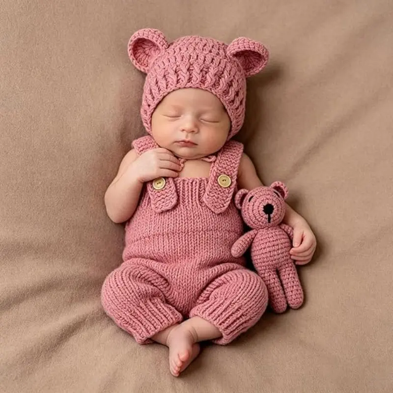 Newborn Photography Outfits for Boys Girls, 3PCS Hand Knitted Cute Baby Bear Romper Set, Newborn Photo Props, Gift Sets