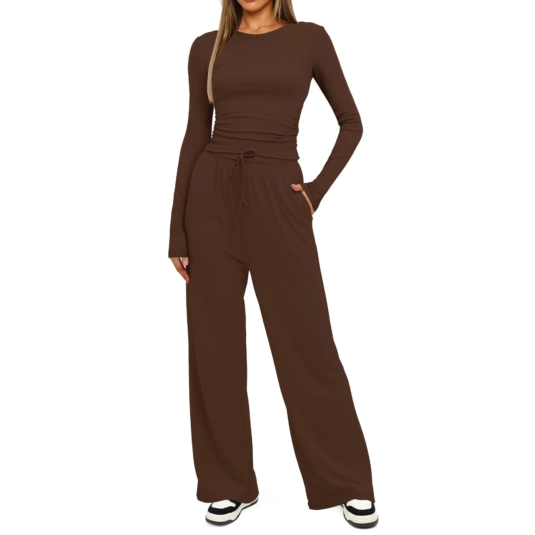 2pcs Women's Polyester Sportswear Set - Solid Color Crew Neck Long