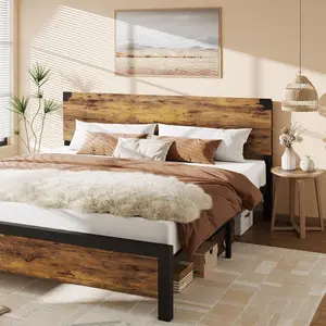 King Bed Frame Platform King Size Bed Frame with Wood Headboard Metal King Bed Frame with Under Bed Storage and Support Legs Noise Free No Box Spring Needed Easy Assembly-Rustic Brown Farm Style Bedframe
