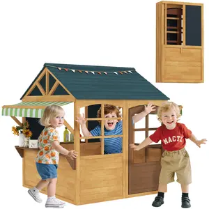 Wooden Outdoor Playhouse – Foldable Kids Cottage with Windows, Working Door, Snack Bars & Waterproof Covers. For Ages 3-8
