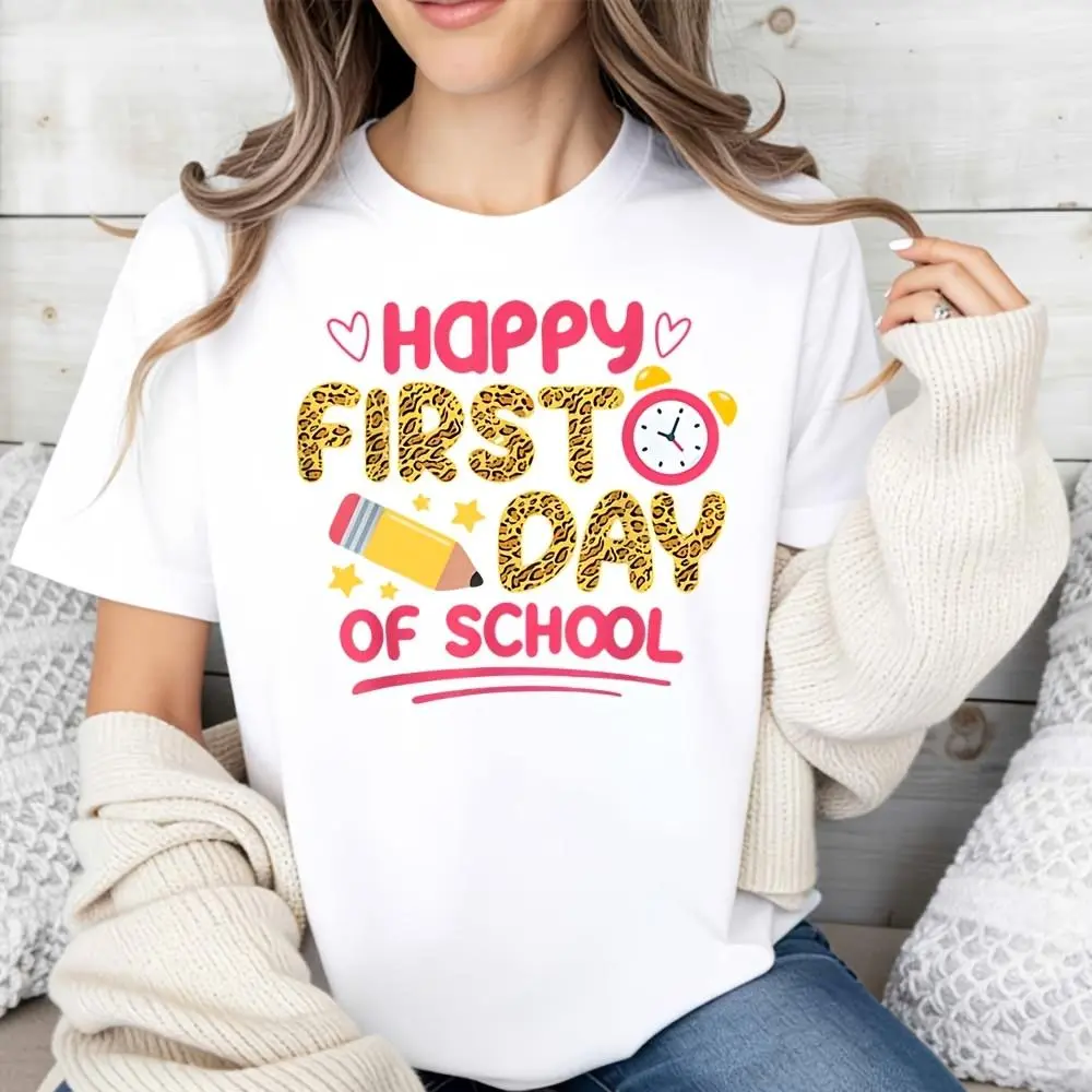 Women's Cotton Flat Round Neck Short-Sleeve Essential Casual T-Shirt, Happy First Day Of School Design, Ideal Back To School Gift For Students, Shortsleeve