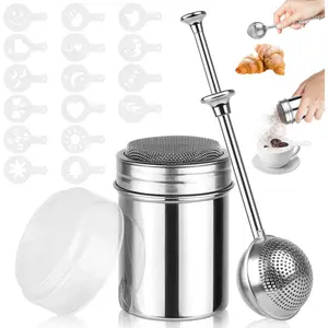 2 Pack Powdered Sugar Shaker Duster, Stainless Steel Cinnamon Sugar Shaker & Flour Duster Set, Spring Flour Sifter with 16Pcs Coffee Stencils for Baking, Coffee