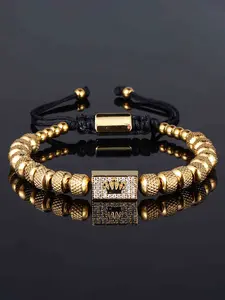 Vintage Stainless Steel Beaded Zircon Crown Handwoven Bracelet, Casual Versatile Men's Trendy Party Adjustable Bracelet, Trendy Jewelry