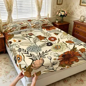 3Pcs Vintage Floral Print Fitted Sheet Set, Multiple Styles, Soft, Comfortable and Breathable, Bedding Suitable for Bedroom, Suitable for All People, Ideal Gift Choice (Without Filler and Pillow Insert)