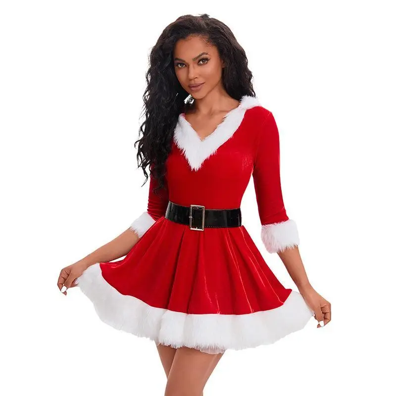 ladies santa dress Women Santa Claus Red Sequin Santa Dress with Belt Hat High Socks Gloves