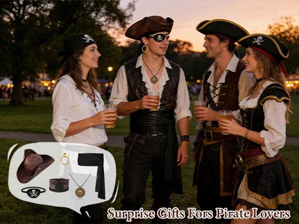 6 Pcs Unisex Pirate Costume Accessories Set, Men Women for Halloween Costumes Distressed Leather Tricorn Hat, Skull Eye Patch, Black Sash Belt, Earring, Skull Pendant Necklace & 4 braided Bracelets for Pirate Cosplay Party