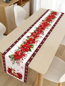 1pc 35*180cm Polyester Christmas Decorative Table Runner, Elk And Poinsettia Christmas Flower Style Merry Christmas Table Cover, Tablecloth Table Runner Perfect Decoration For Family Christmas New Year Party, Christmas Table Dining Room Decor