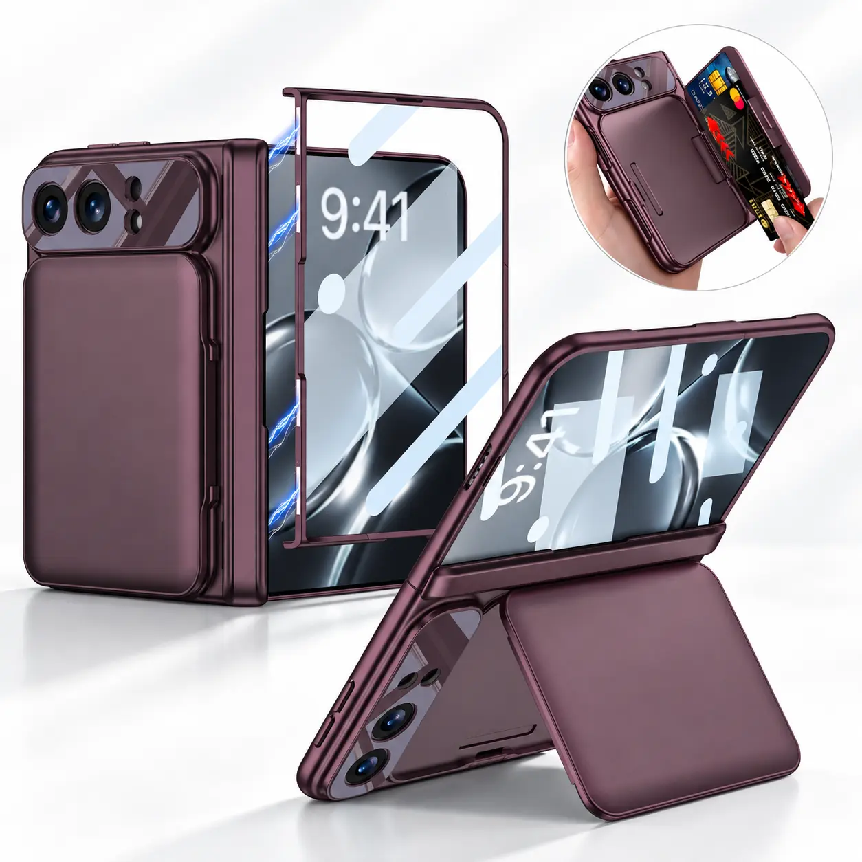 for iPhone Duo Case with Card Holder & Built-in Screen Protector, Magnetic Wallet Phone Case with Hidden Kickstand, Full Hinge Protection, 2-Card Storage, Shockproof Protective Cover for Foldable Phone