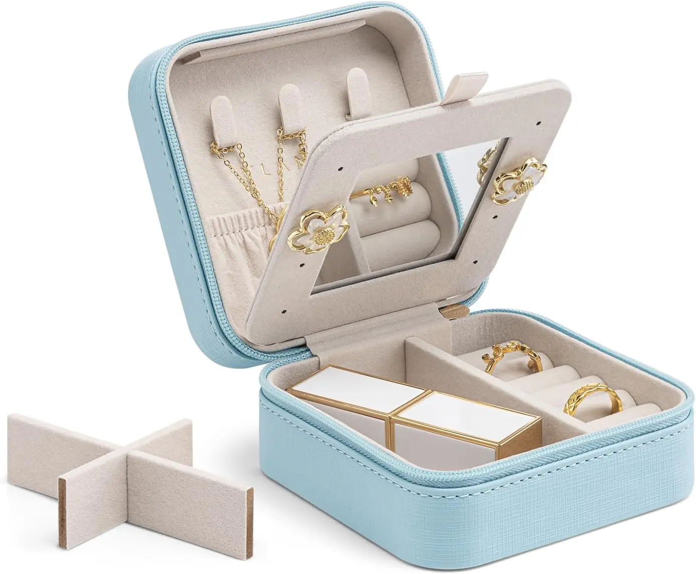 Small Travel Jewelry Box Organizer - Mirrored Jewelries Necklaces Rings Earrings Necklace Case, Baby Blue