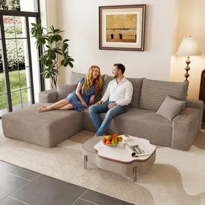 95" Durable Modular Sectional Sofa, Modern Corduroy Cloud Boneless Couch with Fixed Arms, Side Pockets, Fire Safety Label, 3-Seater L-Shaped Upholstered Living Room Sofa (95x59.40x28 Inches, Camel, Left-Facing Chaise, No Assembly Required)