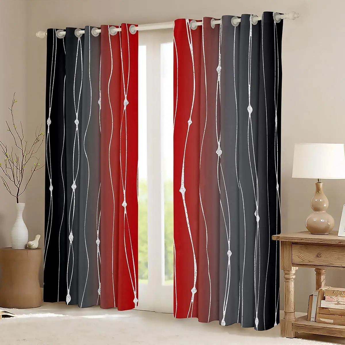Black and Red Ombre Curtains Aesthetic Geometric Blackout Curtains,Dots and Wave Stripe Curtains & Drapes Watercolor Gradient Bedroom Curtains,Abstract Lines Window Treatments