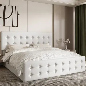 【Christmas Gift】King Size Bed Frame with 4 Storage Drawers and Headboard  Linen Upholstered Platform Bed Frame with Wooden Slats Support  No Box Spring Needed Button Tufted Design White