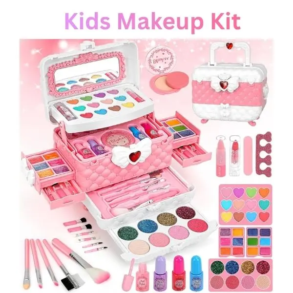 Kids Washable Makeup Kit for Girls, Pretend Play Makeup Set with Carrying Case, Safe Non-Toxic Princess Makeup Toys, Birthday Gifts for Girls Ages 4-12, Toddler Beauty Play Set