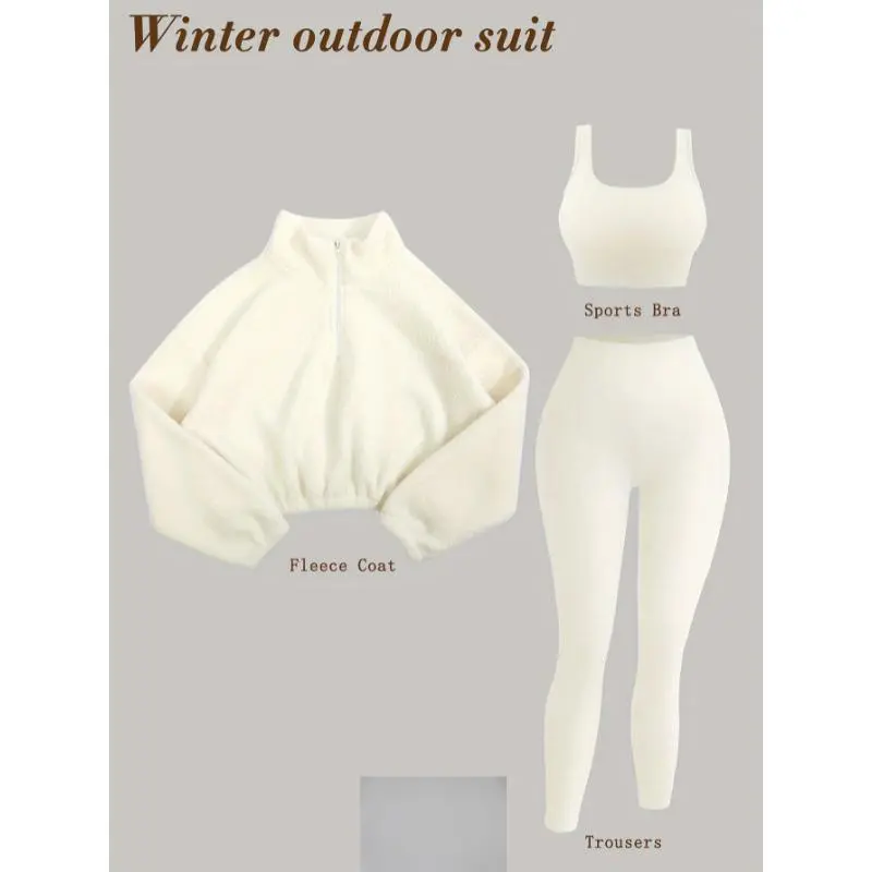 3-piece Set Outfit Women, Soft Knit,-Waisted Pants And Bra, Half-Zip Plush Jacket, Fitness Set Fall & Winter(NO Accessories)