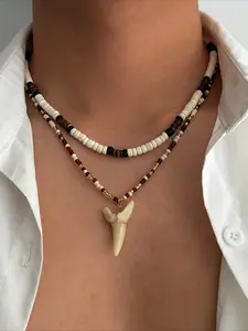 Men's Layered Shark Tooth Beaded Necklace Boho Beach Style Natural Stone Choker Unisex Surfer Jewelry for Guys MensNecklace BohoStyle