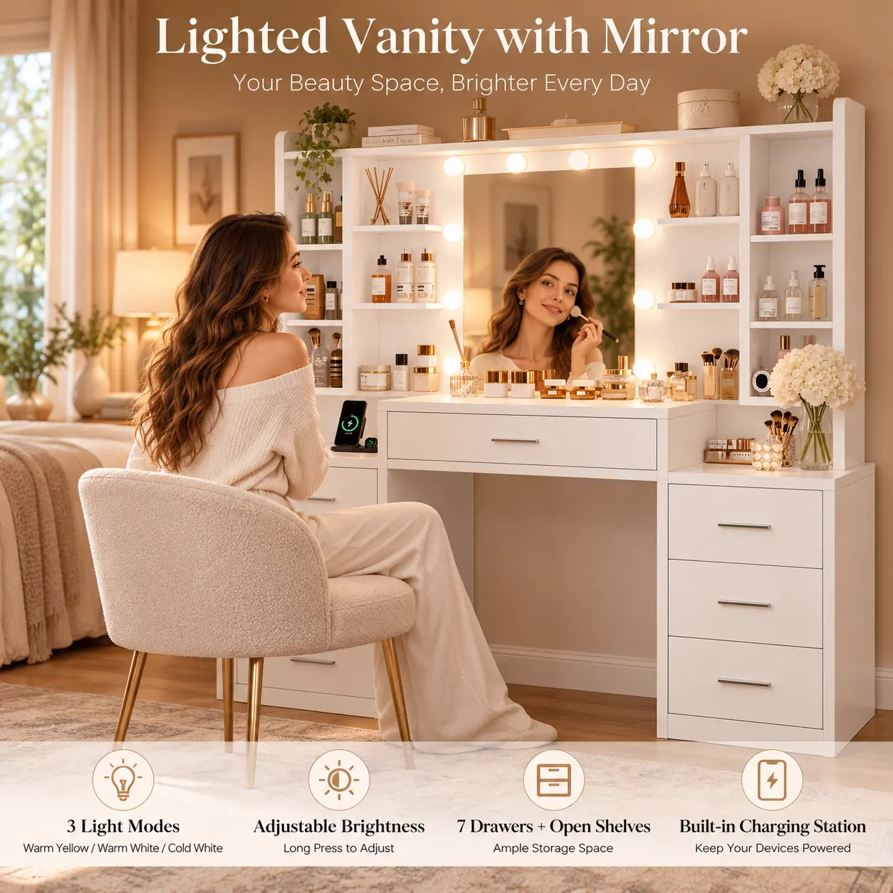 White Makeup Vanity Desk with Mirror, Dimmable Lights (3 Modes), Power Outlet, 7 Drawers & 6 Open Storage Shelves for Bedroom