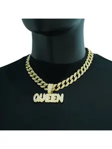 Full diamond letter queen pendant hip-hop personalized alloy Cuban chain creative versatile necklace