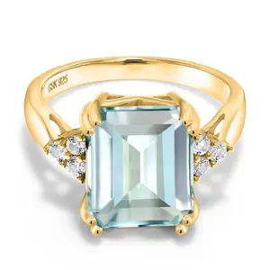 Gem Stone King 18K Yellow Gold Plated Silver 12X10MM Emerald Cut Gemstone Birthstone Ring | Wedding Engagement Anniversary Promise Ring For Women | Sizes 5-9