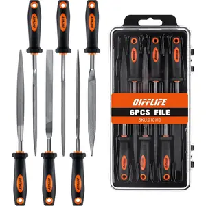 7'' Needle File Set - Carbon Steel 6-Piece With Handles, Hardened Alloy Strength Steel - Includes Flat, Flat Warding, Square, Triangular, Round, and Half-Round Files