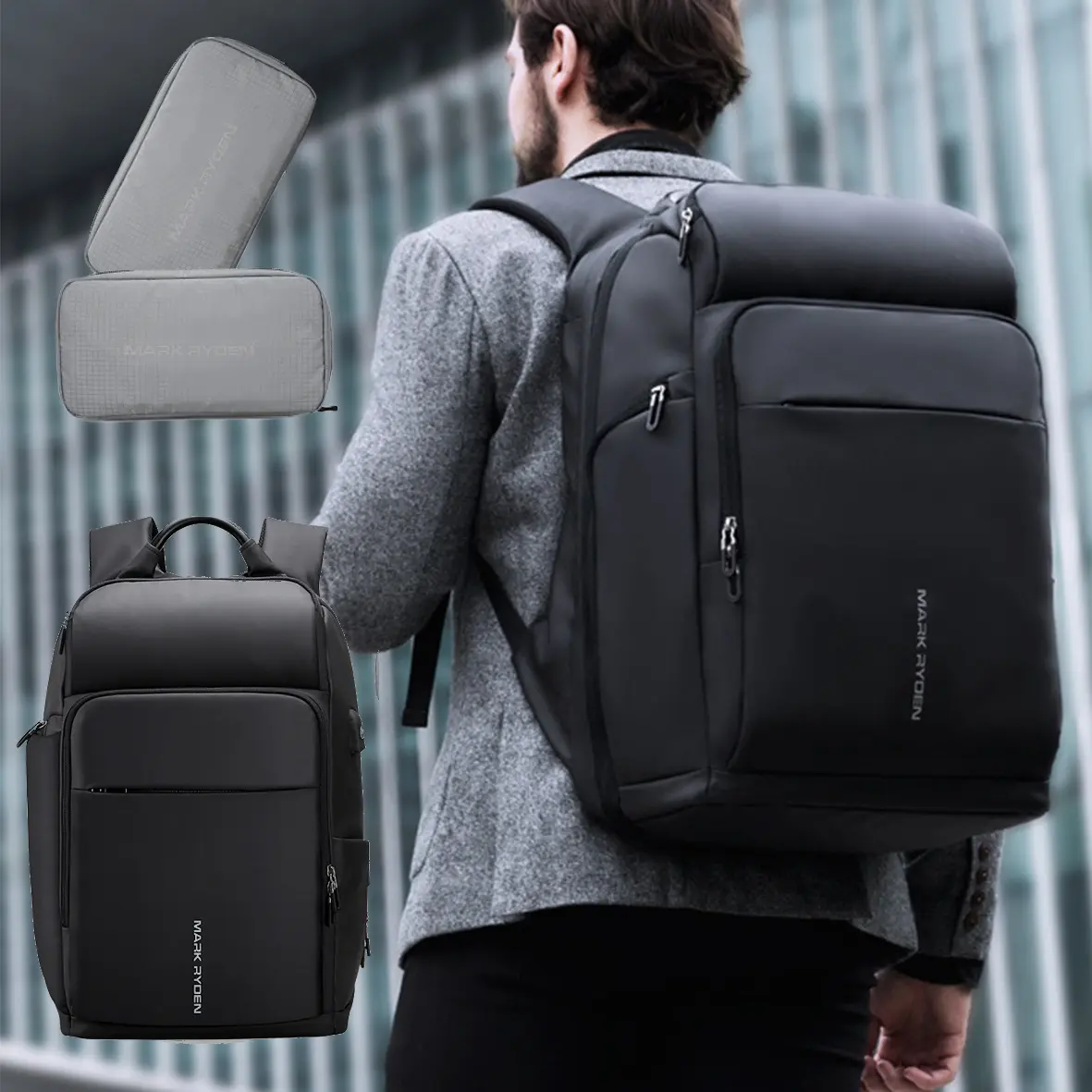 3pcs Bag Set (1pc Laptop Backpack + 2pc Toiletry Bags), With USB Charging Port, Multifunctional Large Capacity Backpack for Commute, Business outing & Outdoor Travel