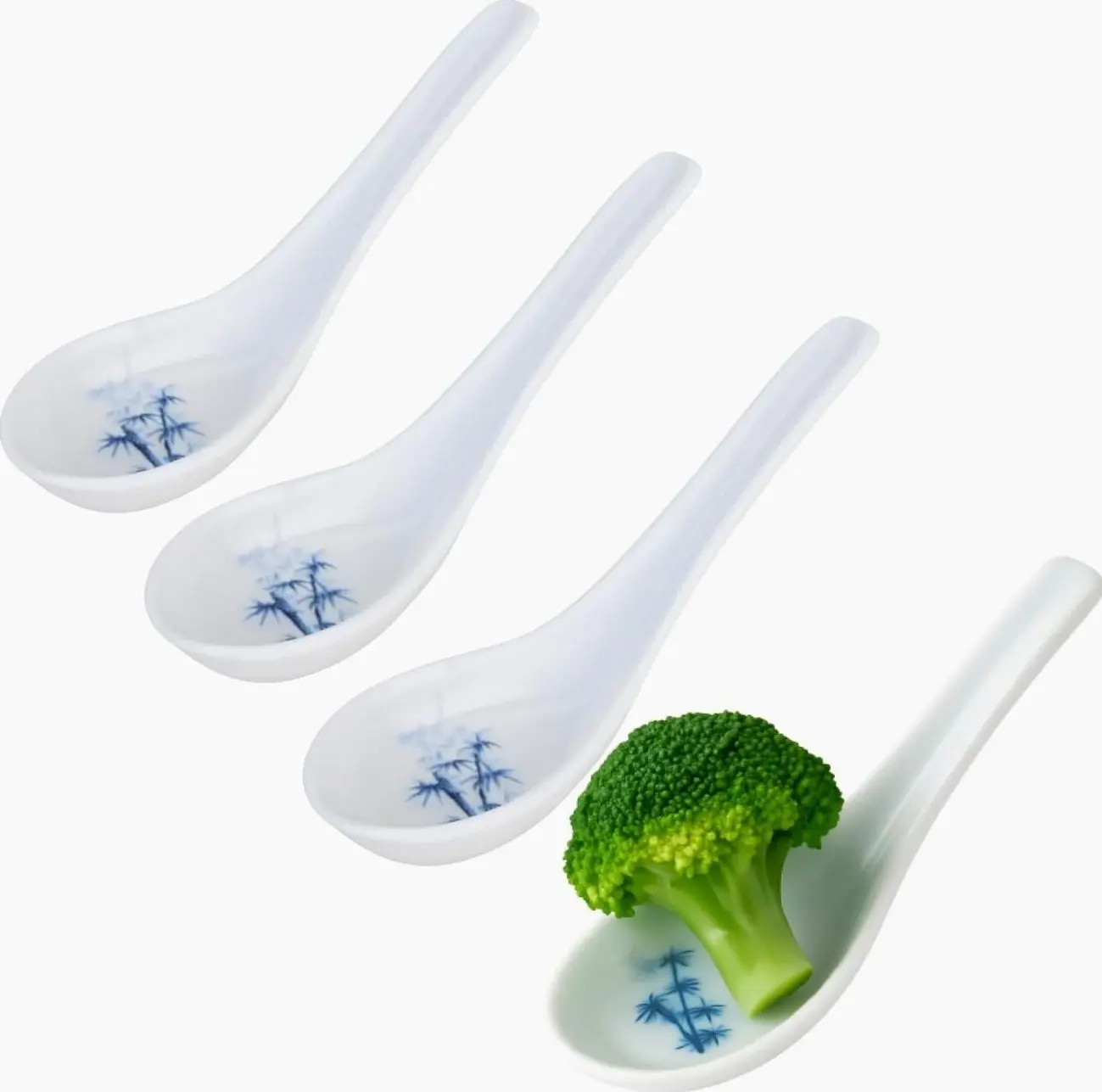 2323x4 Set of 4 White Bamboo Japanese Soup Spoons, 5 Inch Ramen Pho Wonton Miso Rice Spoons