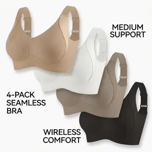 4pcs Set Comfortable Seamless Lifting And Gathering Women'S Underwear Bra, Wide Straps, Back Buckle, Soft Support, Wire-Free Women'S Underwear