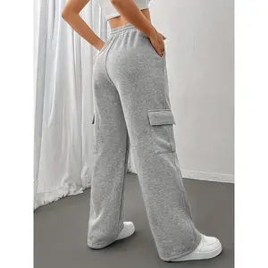 Flap Pockets Wide Leg Cargo Pants, Young Drawstring Waist Loose Sweatpants For Spring & Fall, Women's Clothing
