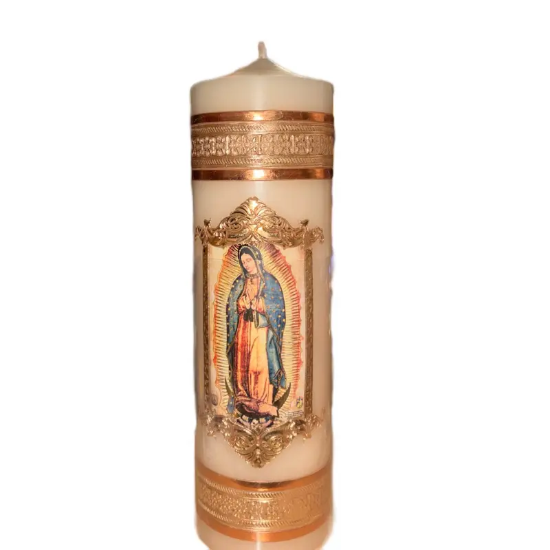 Cirio Virgen de Guadalupe Ceremonial Candle Our Lady of Guadalupe 10 Inch with Gold Trim and Religious Icon