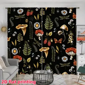 2D Flat 2Pcs Mushroom & Forest Plant Print Curtains, Rustic Nature Pattern Window Drapes, Semi Sunshade Pole Pocket Panels for Living Room Bedroom Kitchen, Accessory, Anti Privacy.