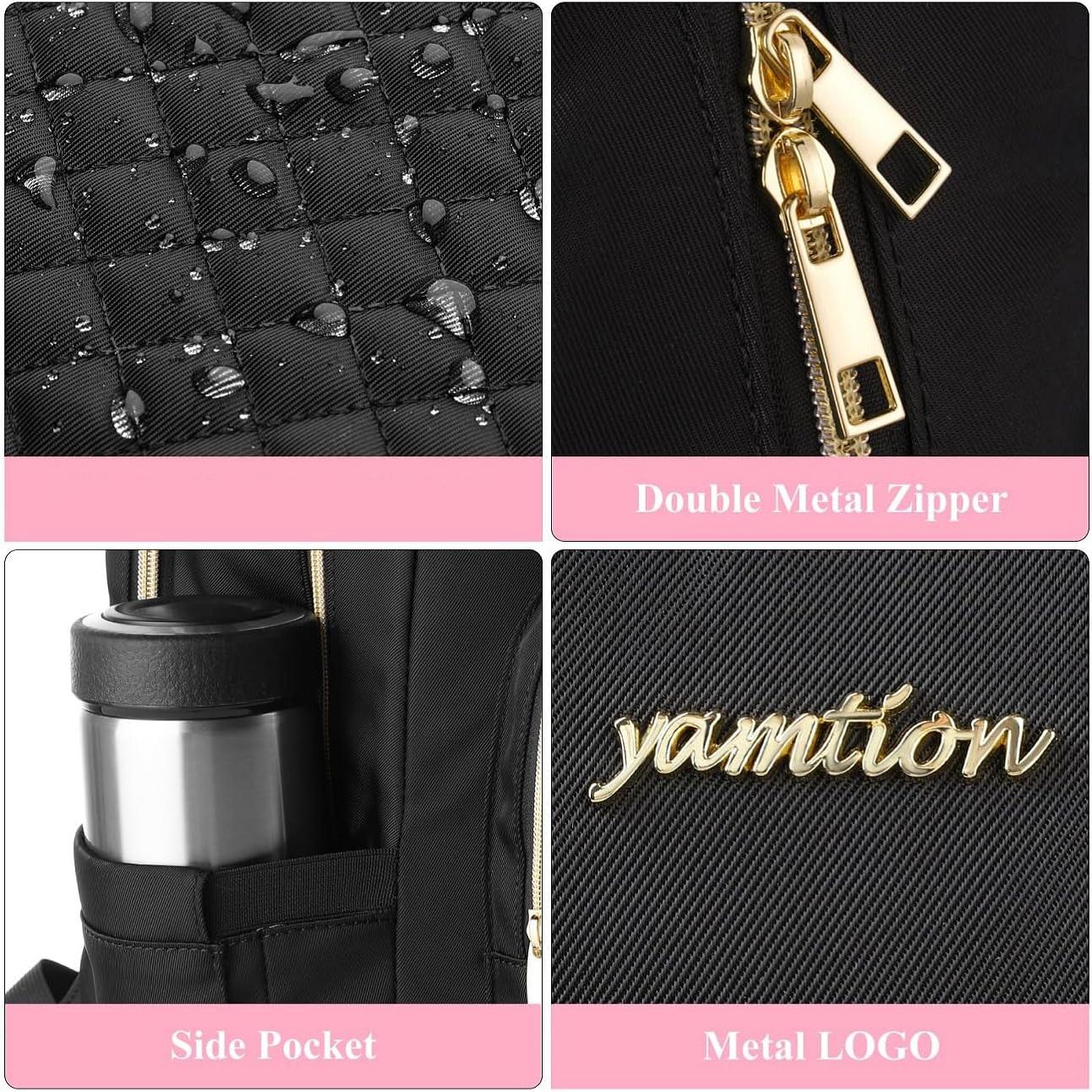 YAMTION 15 Inch Large Quilted Laptop Backpack with USB Charging Port & Gold Hardware, Water Resistant Convertible Backpack for Women, Students, Work, Business & Daily Commute