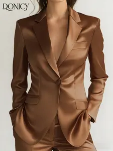 Women's Elegant Chic Long Sleeve Reversible Jacket, Single Button Cutout Satin Blazer, Slim Fit Casual Party Coat for All Seasons Womenswear