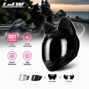 LeLW Cat Ear Motorcycle Helmet – Unisex Full-Face DOT Certified for Electric Bikes & E-Bikes Riders, Bluetooth Ready, Lightweight, Dual Visor, Removable & Washable Liner, Adjustable Fit System, Includes Free S & L Fit Pads + Helmet Bag, Aerodynamic Vent