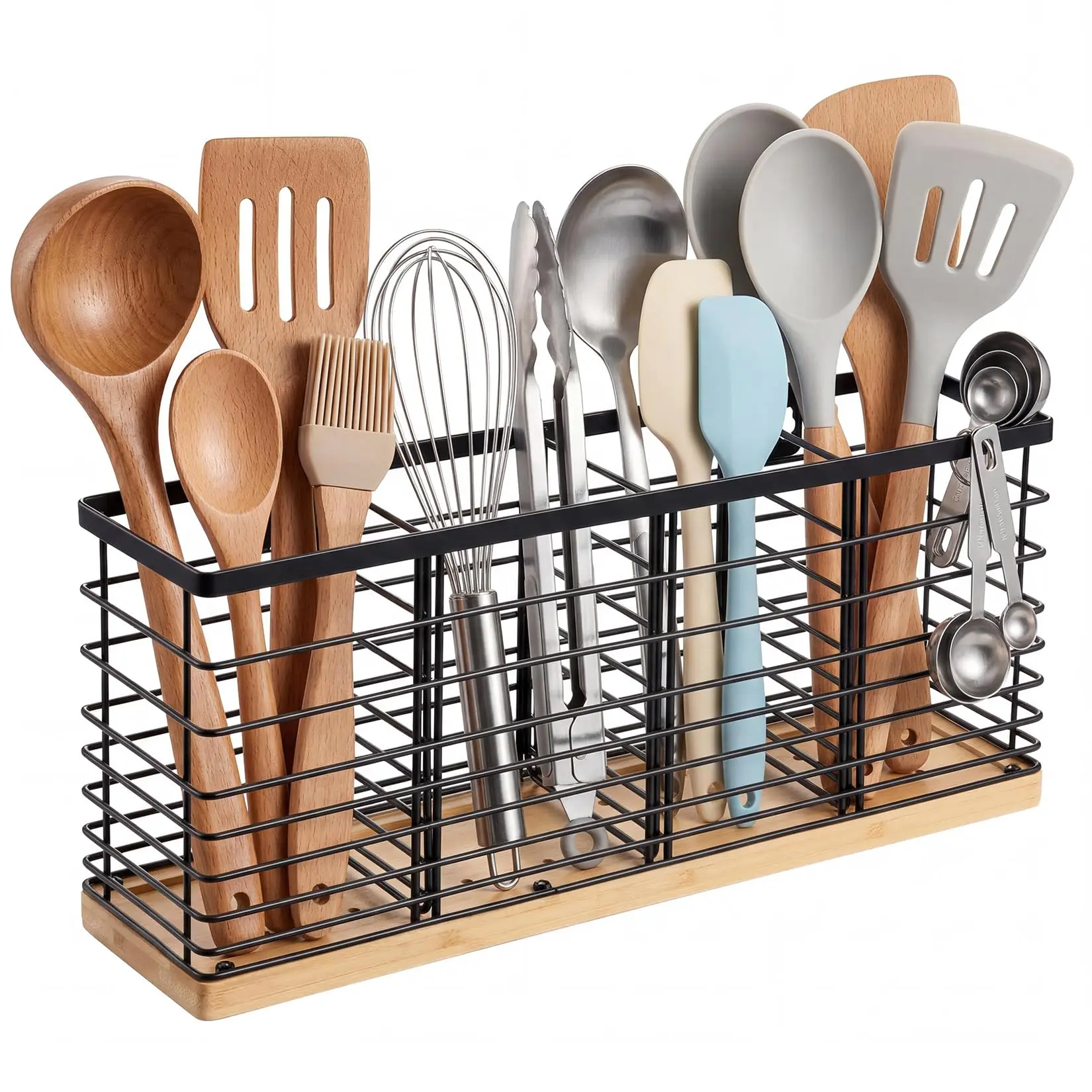 GAOMON 4-Layer Metal Kitchen Utensil Holder Rack with Drainage Holes, 15.7×7.1×4.3 Inches Countertop & Wall-Mount Caddy with Base, Large Capacity Cooking Tool Storage Organizer, Open Grid With Drainage Holes