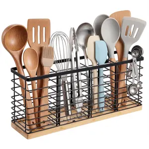 4-Grid Kitchen Utensil Holder, Black Iron Wire Organizer with Base, Countertop & Wall Mount Cooking Tool Caddy, 15.7×7.1×4.3" Large Capacity Storage