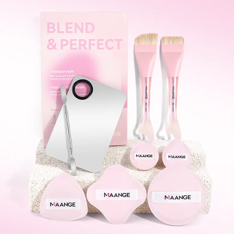MAANGE Makeup Brush Set with 2pcs + 5pcs Powder Puffs + + Foundation Color Palette for Cream, Liquid, Mineral Foundations & BB/CC Creams, Essential Beauty Tools for Flawless Application, Makeup Accessories Gifts for Friends, Cosmetic Tools