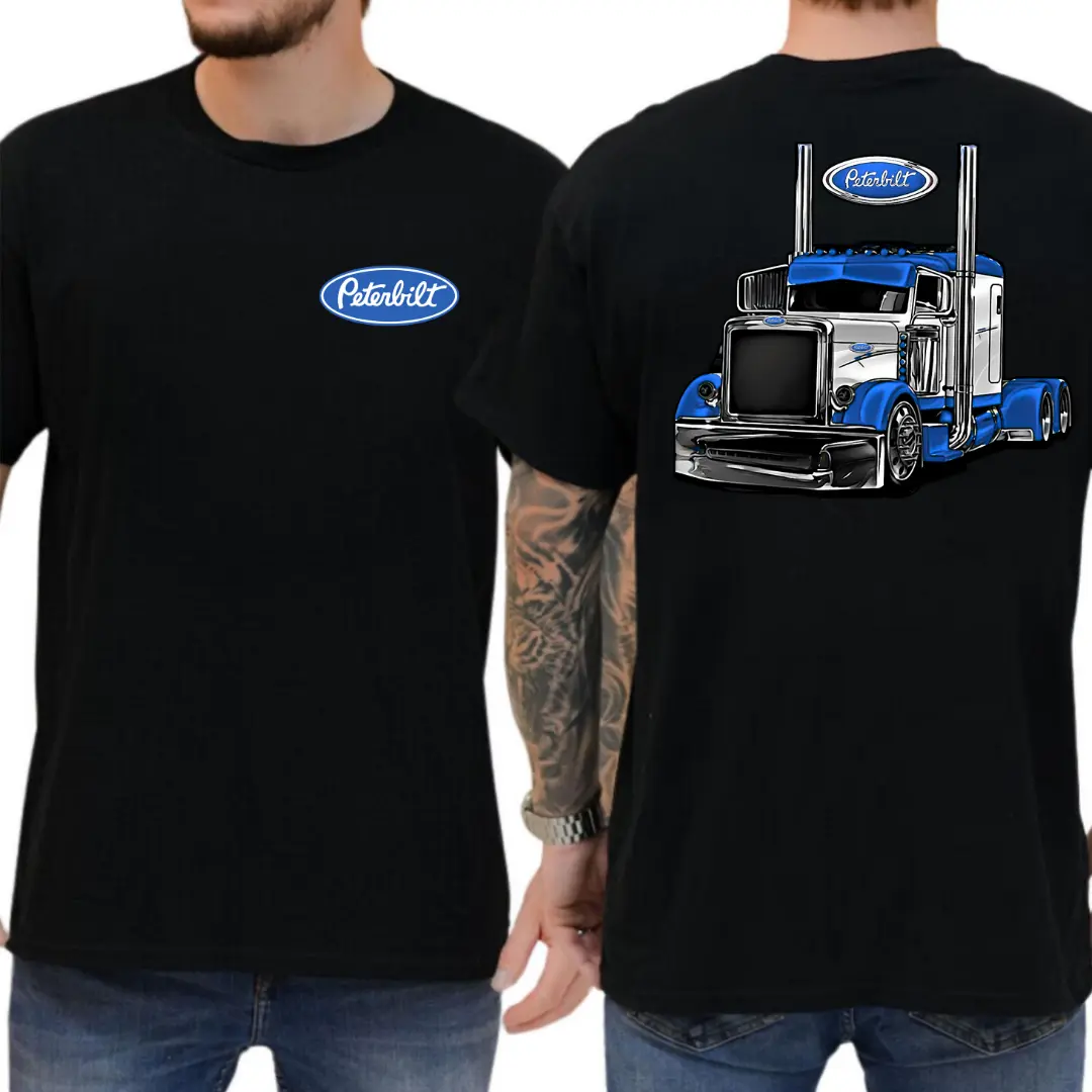 Peterbilt Graphic Trucker Shirt – 2side Blue Semi Truck Tee, Diesel Hauler Style, Custom Freight Driver T-Shirt, American Long Haul Gift, Peterbilt Road Apparel