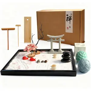 Japanese Zen Garden Kit for Desk with 3 Sand Spheres, Zen Decor with Wooden Tray and Natural Rake Torii Gate Ornament for Home & Office, Desktop Sandbox for Relaxation and Meditation