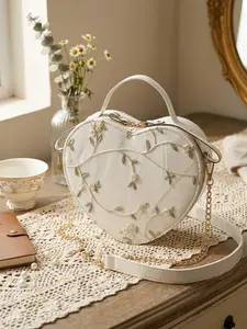 Lace Heart Crossbody Bag, Casual Trendy Purse, Elegant Embroidered Shoulder Handbag, PU Messenger Bag for Concerts, Dates, Outdoors, Beach