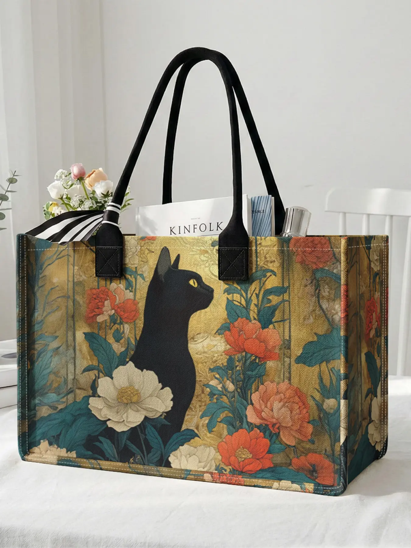 1 piece of 2D printed large capacity storage bag with black cat and floral pattern, sturdy handle, space-saving multi-purpose, suitable for use at school, on business trips, shopping, Reusable Shopping Bag