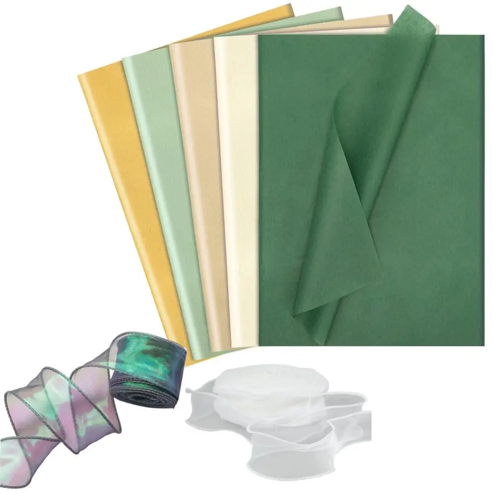 Durable Assorted Green Designs Tissue Paper (120 Sheets, 14x20 in) with Green & White Ribbon, Easy-to-Cut Elegant Gift Wrapping for Holiday, Birthday Gift Bags & DIY Craft Projects