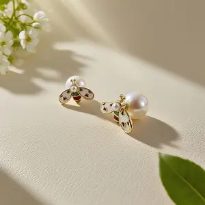 HoneyBee de UGood Eardrop, Brass and Pearl Honeybee Eardrop Amplifying Work Chic for Business Occasions