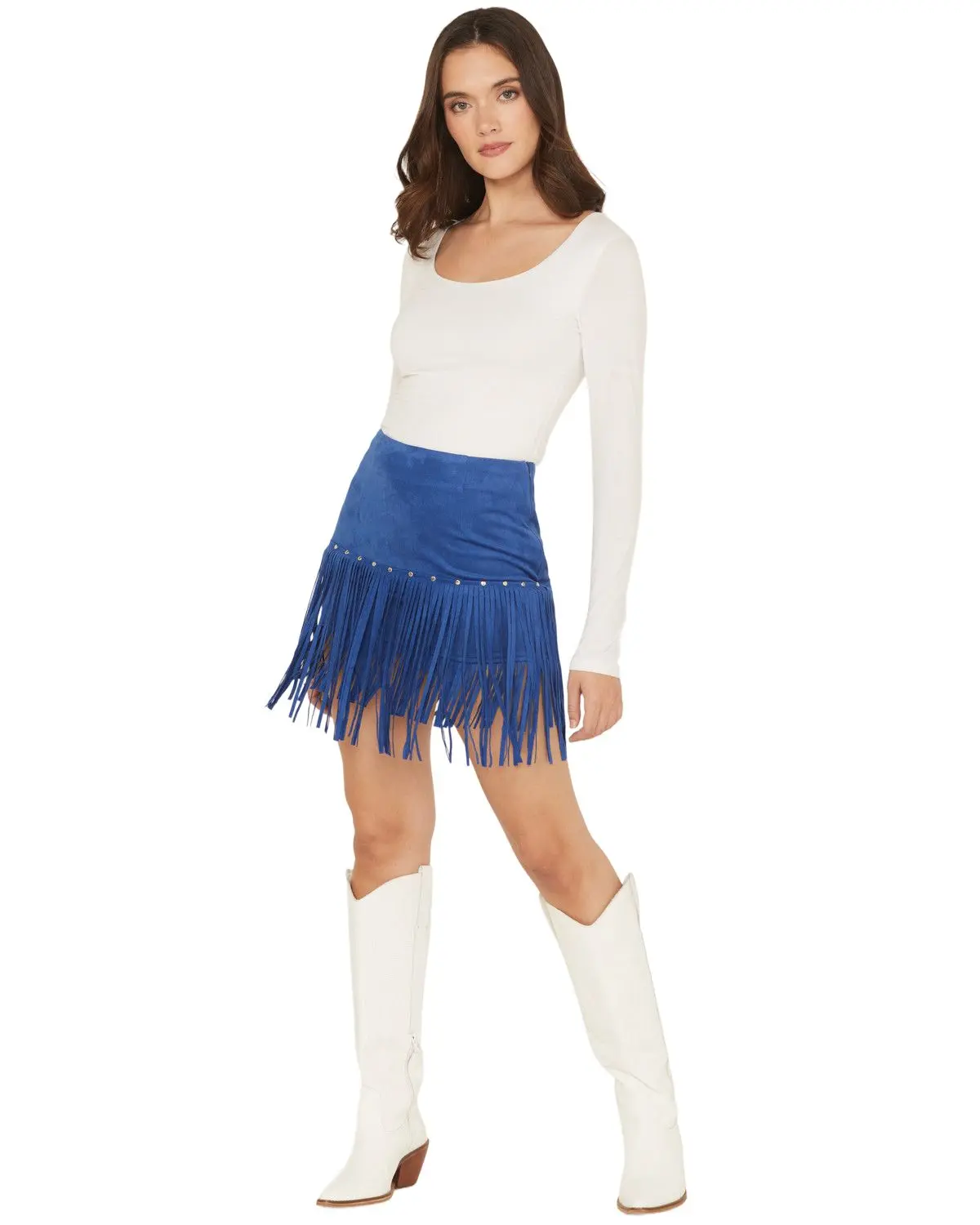 Fornia Women's Women'S Faux Suede Fringe And Studded Mini Skirt - Frng-Skt-Blue