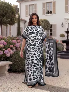 Sexy Leopard Print Shawl Set, Elegant Long Robe with Headscarf, Sun Protection Silk Scarf, Beachwear for Women, Fashionable Summer
